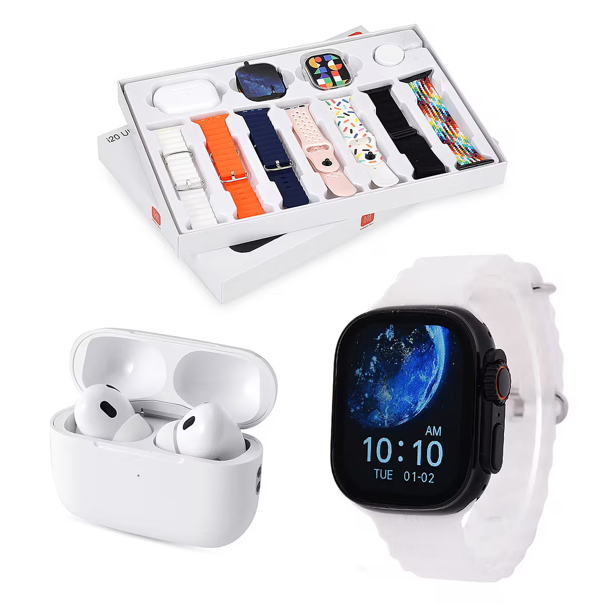 I20 Ultra Max Smart Watch 10-in-1 box set comes with EarBurds