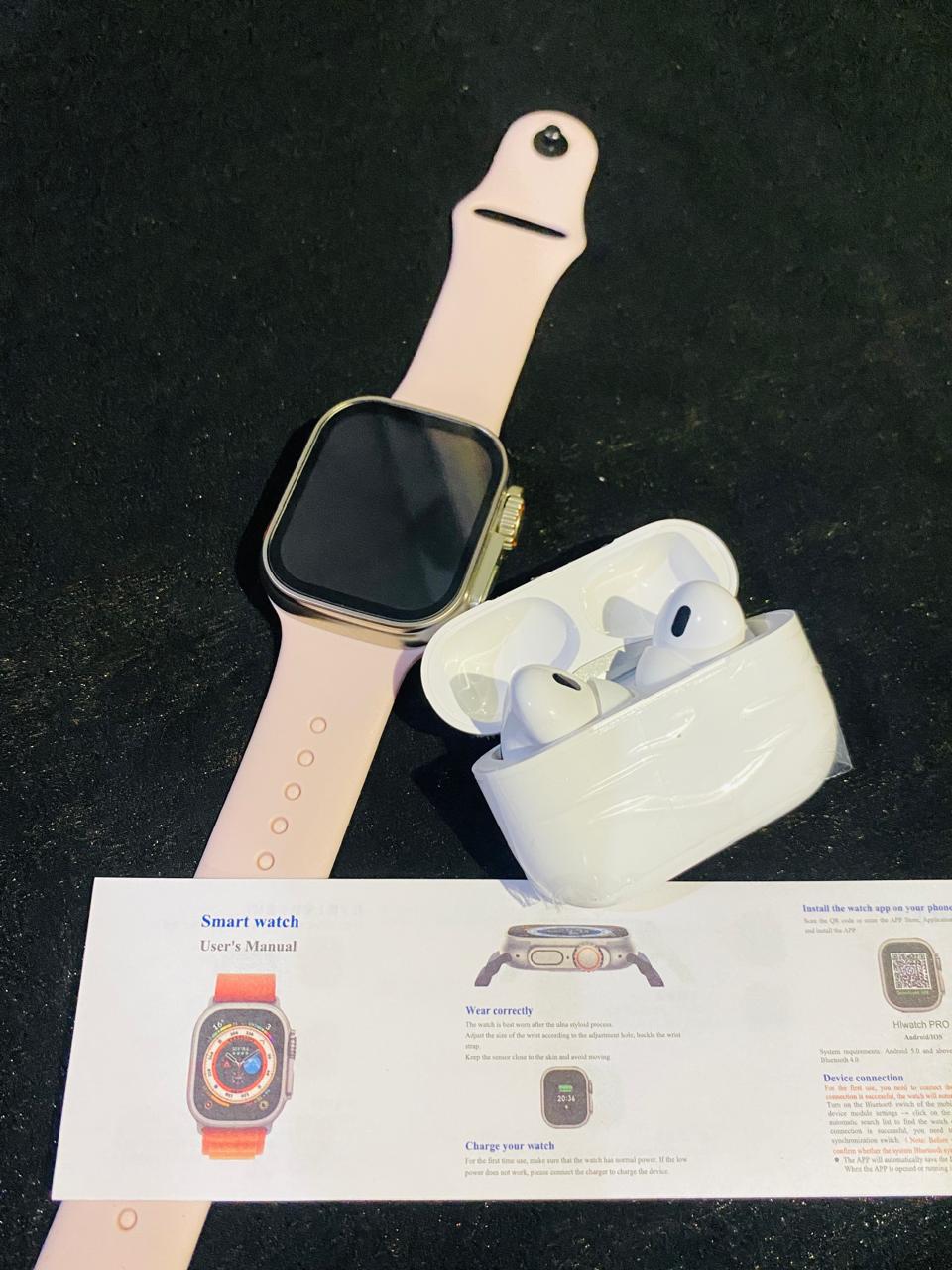 I20 Ultra Max Smart Watch 10-in-1 box set comes with EarBurds