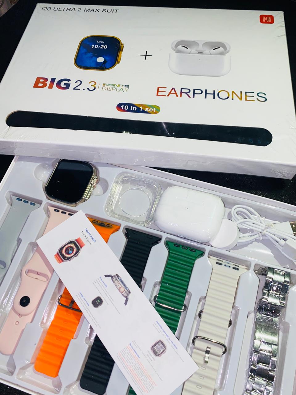 I20 Ultra Max Smart Watch 10-in-1 box set comes with EarBurds